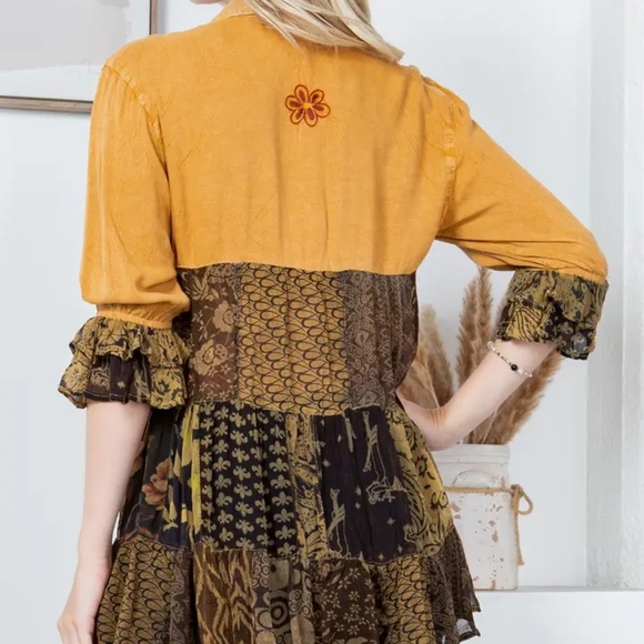 #116 NWT Young Threads Camel Earthy Boho Patchwork Tiered Top Woman Size L - Picture 12 of 16